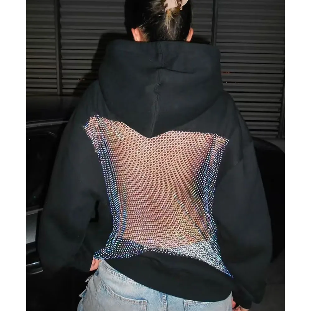 

Women's hooded sweatshirt with rhinestone cutout design on the back, a sexy and trendy loose-fitting jacket.