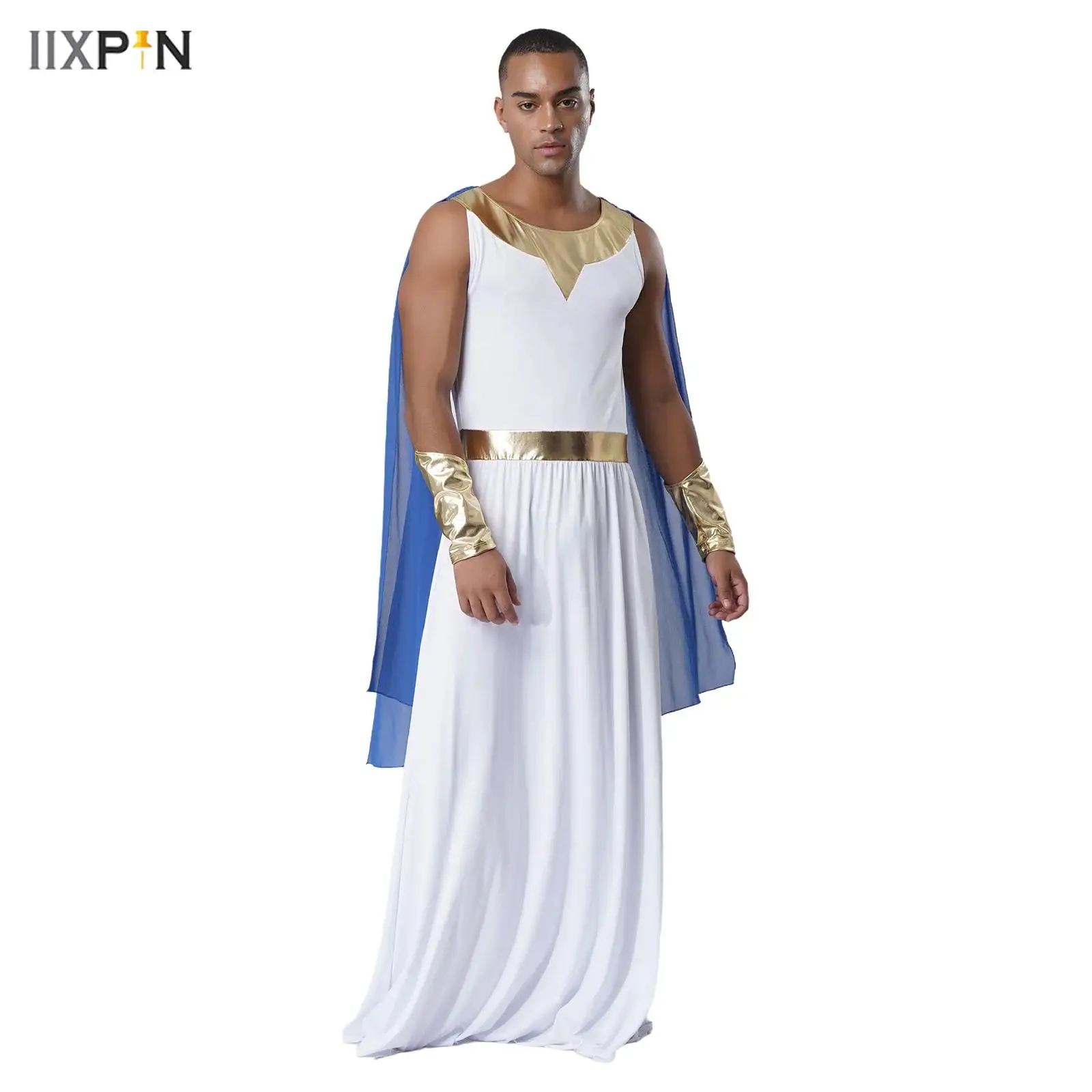 

Mens Toga Outfit Halloween Raves Cosplay Fancy Dress Ball Costume Round Neck Sleeveless Shoulder Drapes Robe with Metallic Cuffs