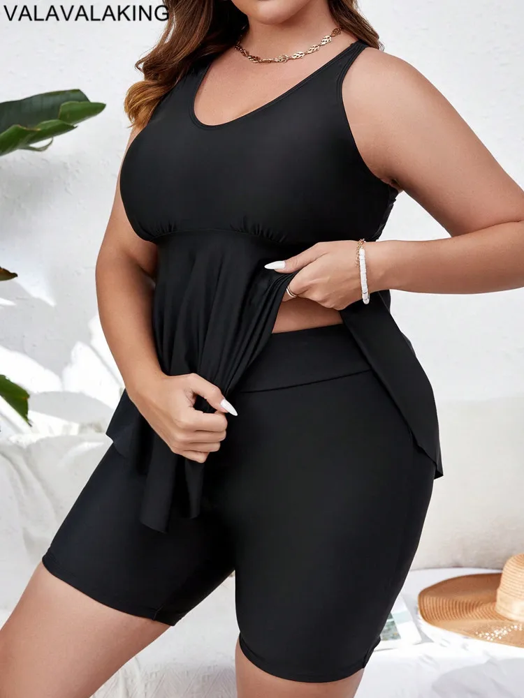 Valavalaki 2025 Solid 2 Piece Plus Size Tankini Set Women Push Up Large Big Swimsuit Beach High Waist Chubby Curvy Bathing Suit