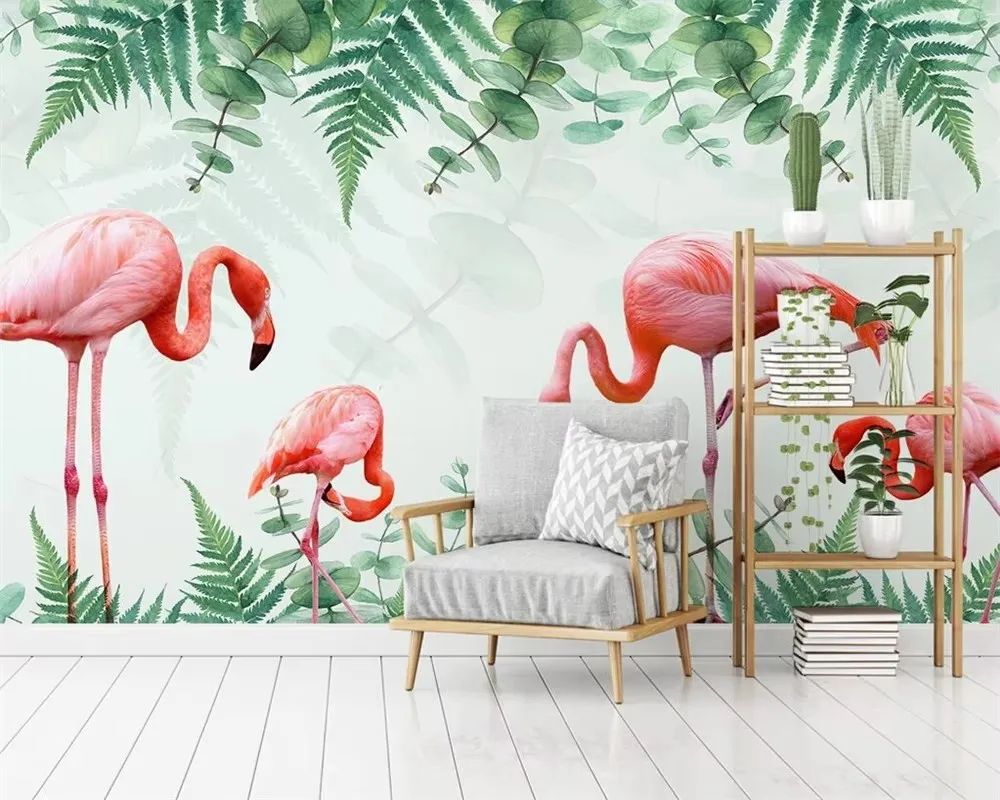 

Custom wallpaper Modern hand drawn Pink flamingo feather wallpaper TV sofa Children's room background wall 3d wallpaper