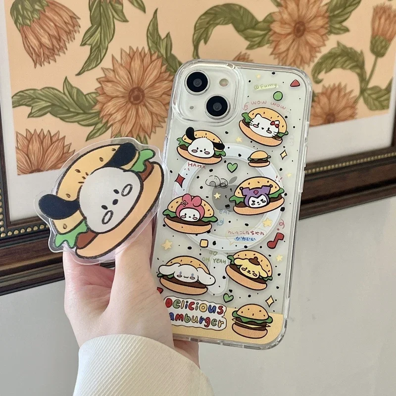 Cute Cartoon Sanrio Hamburg Pochacco Magnetic Bracket Magsafe Wireless Charge Phone Case For iPhone 15 14 13 12 11 Pro Max Cover