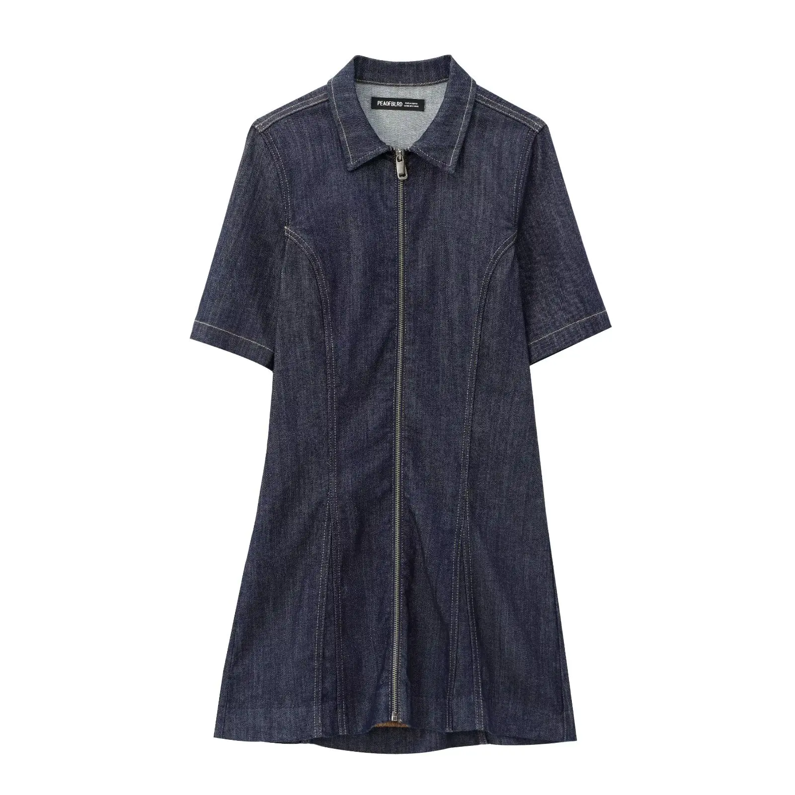 HH TRAF Women Vintage Denim Zipper Short Dress Female New Fashion Versatile Turn Down Collar Short Sleeve Casual Commuting Dress