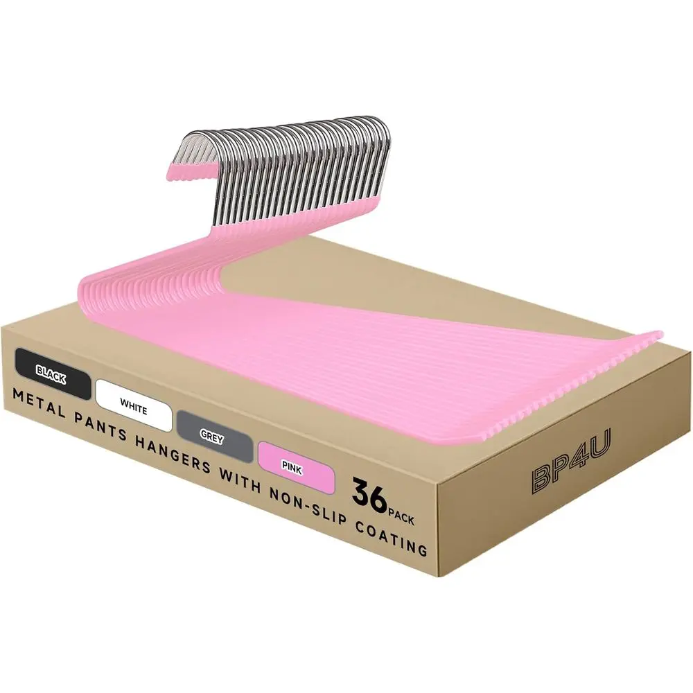 Metal Pants Hangers Non-Slip Coating Pink 36-Pack | Rubber Coating, Solid, Open Ended Jeans Hangers for Space-Saving Storage of