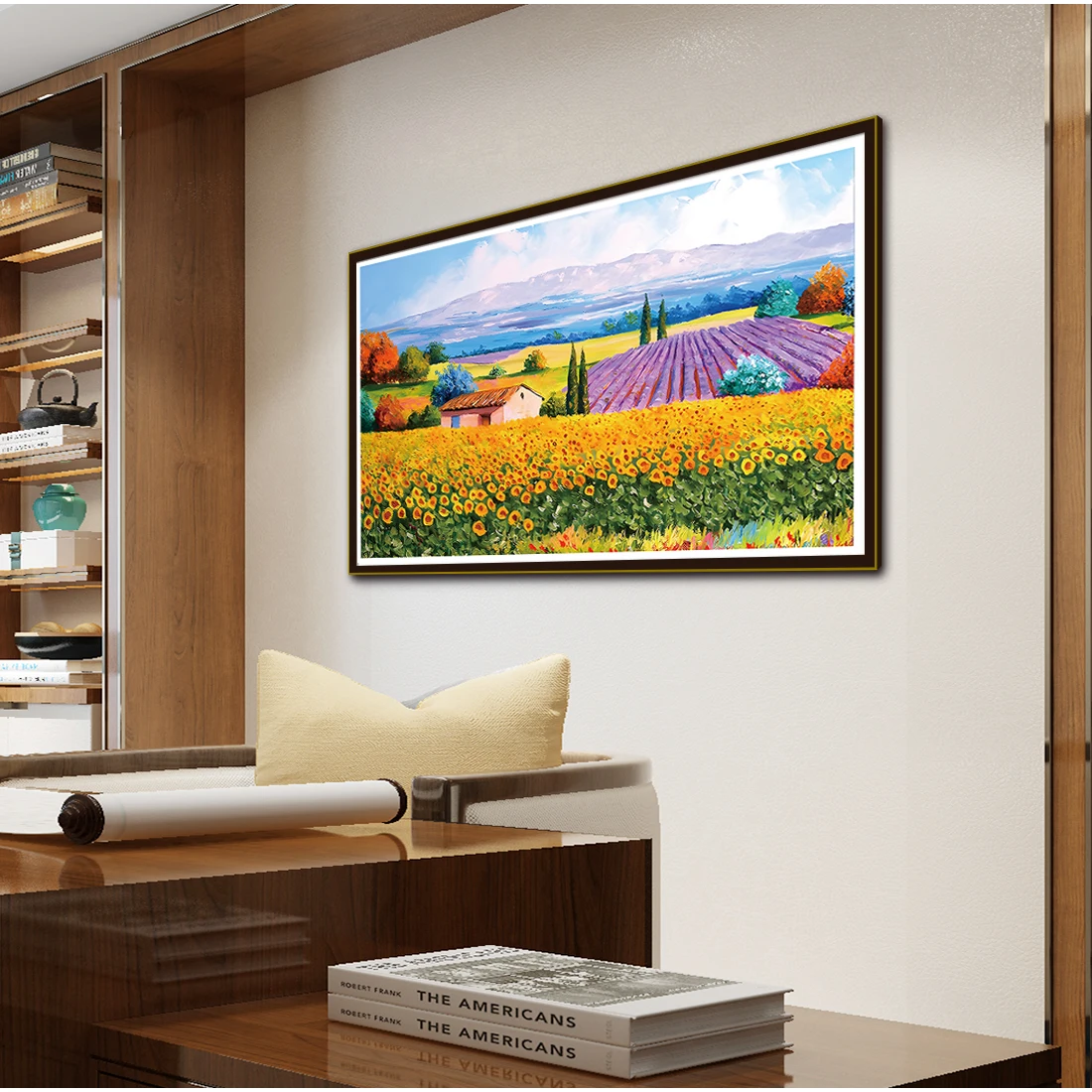 A beautiful pastoral landscape cross-stitch kit, DIY handmade needlework material pack featuring a sunflower garden scene, used for home living room and dining room decoration, floral series, printed embroidery
