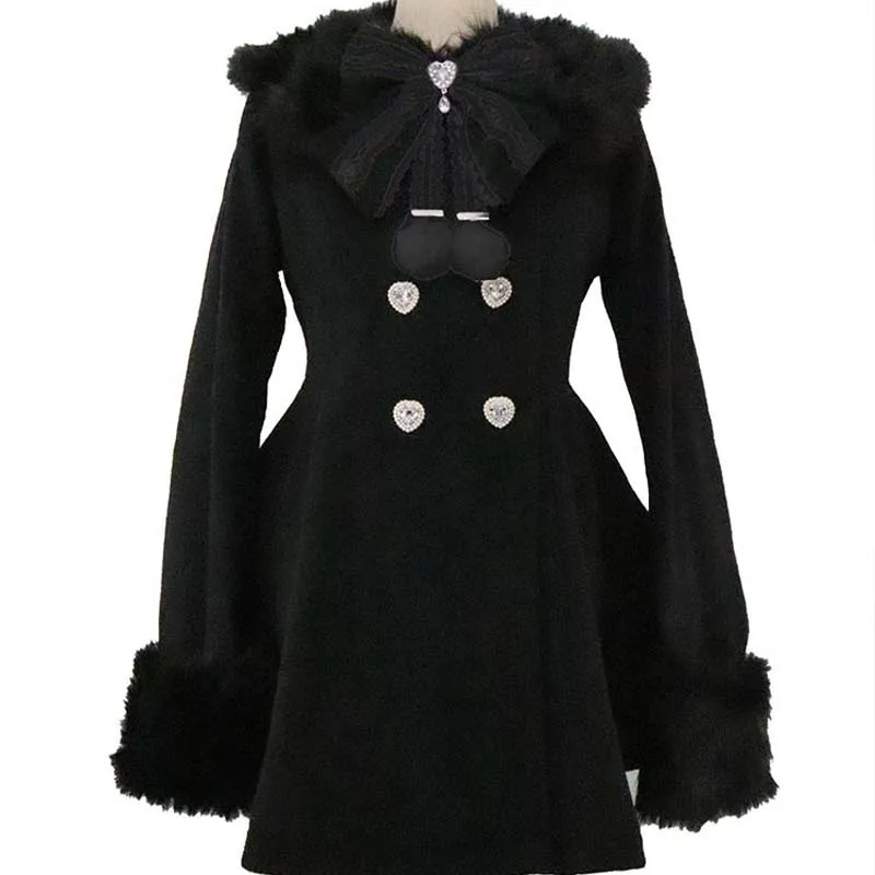 Japanese Women's Cute Medium Long Woolen Coat Faux Fur Collar Y2K Girl Slim Kawaii Lolita Coat Autumn and Winter Thickened Warm