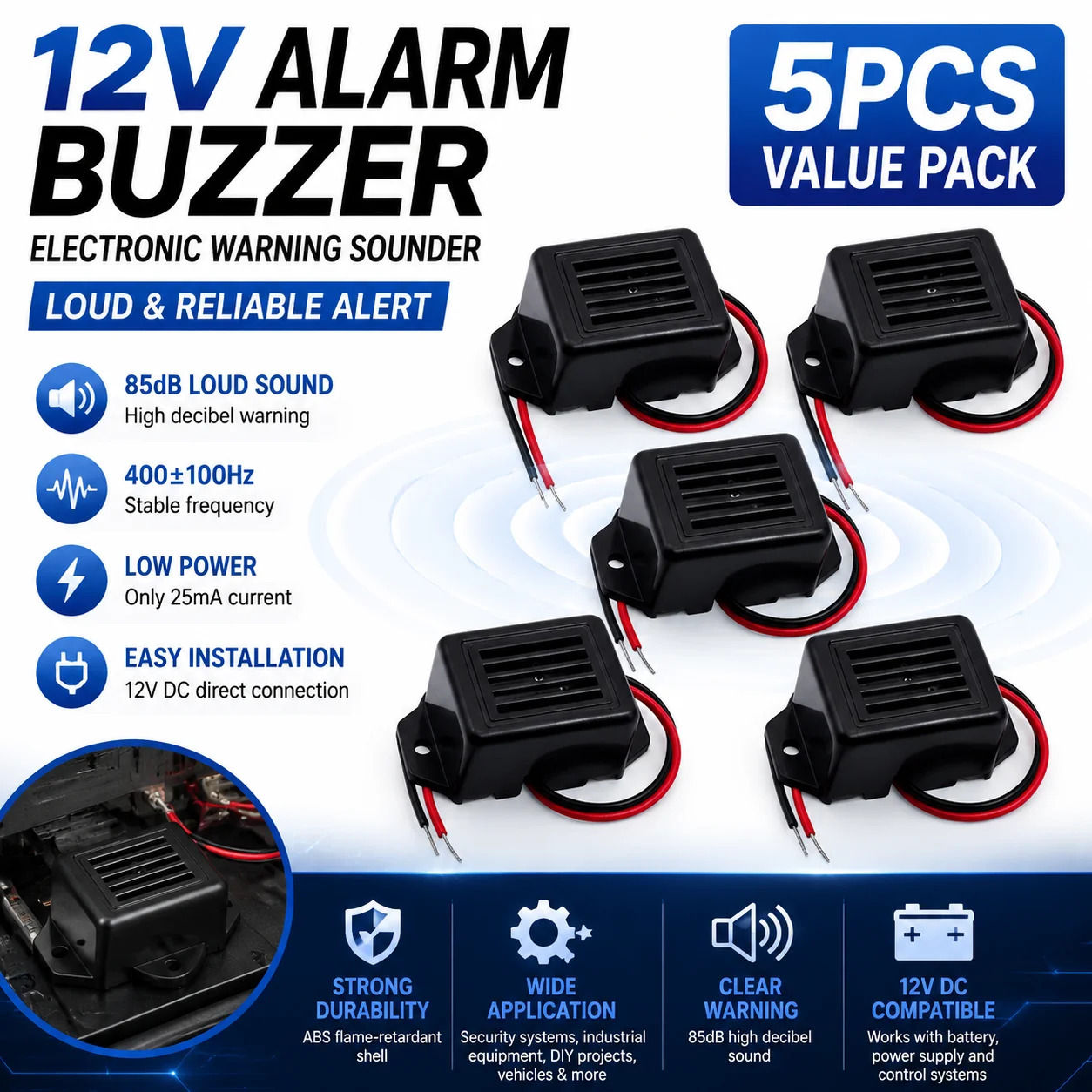 5PCS EGBO Mini Electronic Alarm Buzzer DC 12V 85dB, Constant Tone Piezo Sound Buzzer for DIY Security System