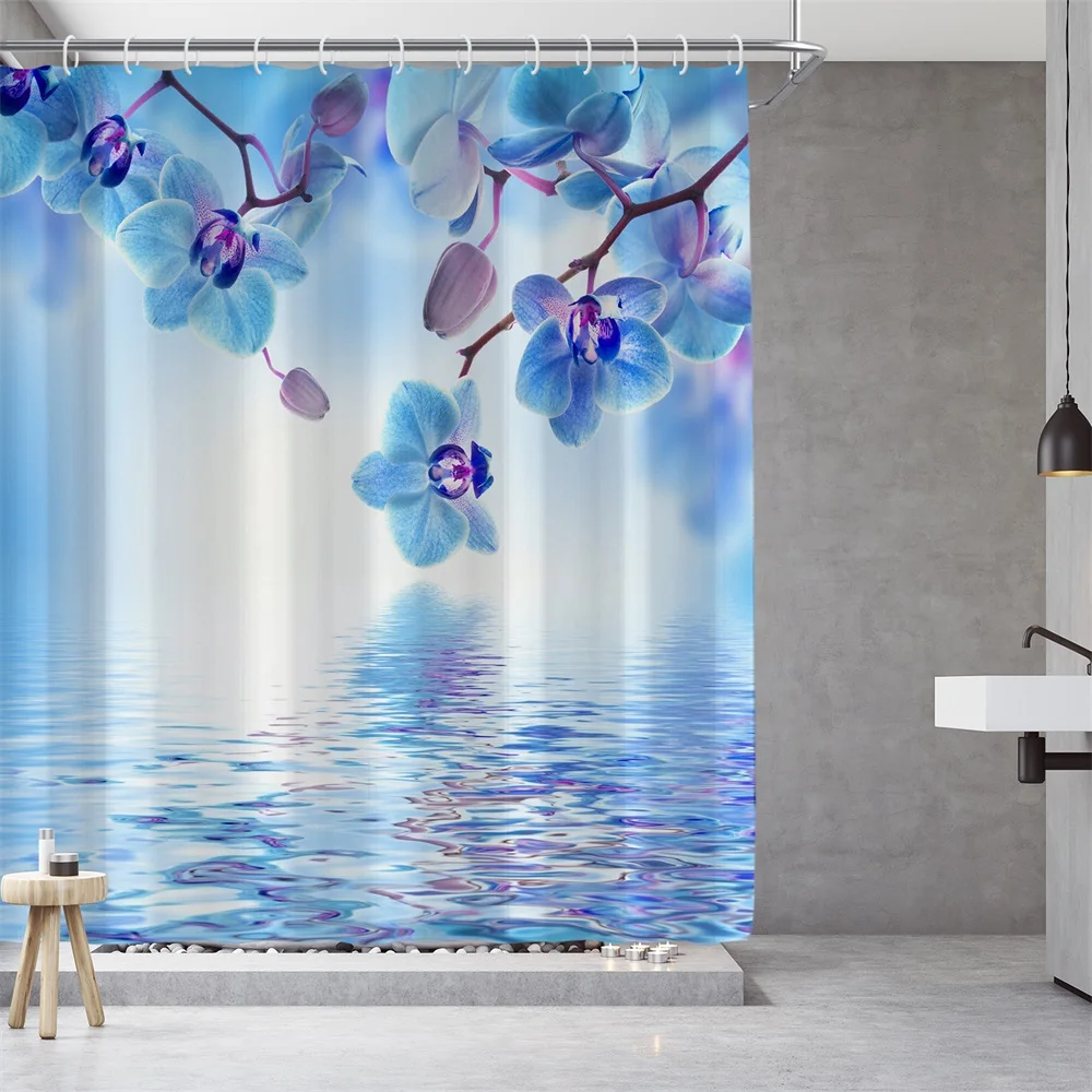 1PC, water blue flower, modern home bathroom waterproof shower curtain, 12 plastic hooks, 71in*71in