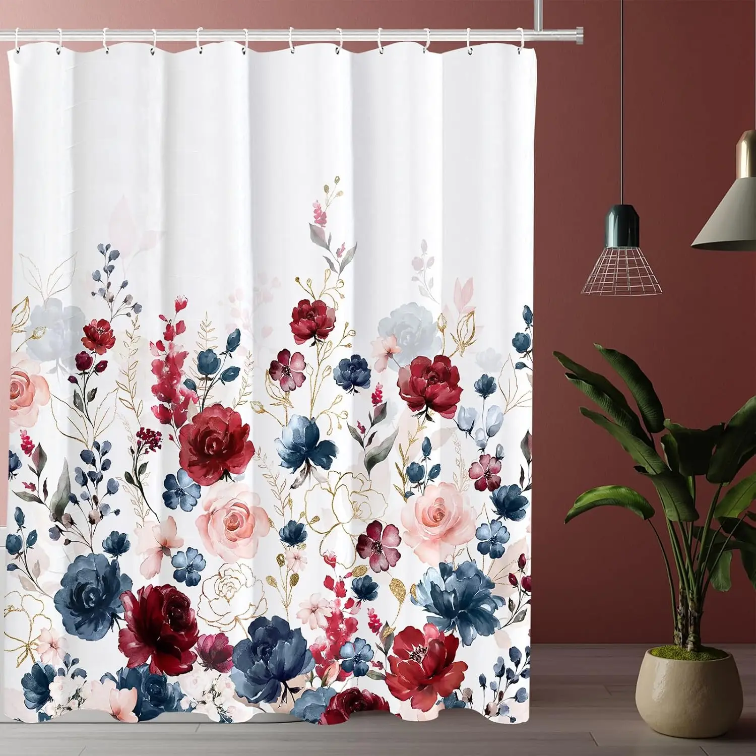 Watercolor Rose Shower Curtain – Navy, Red & Pink Blooms with Gold Accents, Elegant Floral Bathroom Decor