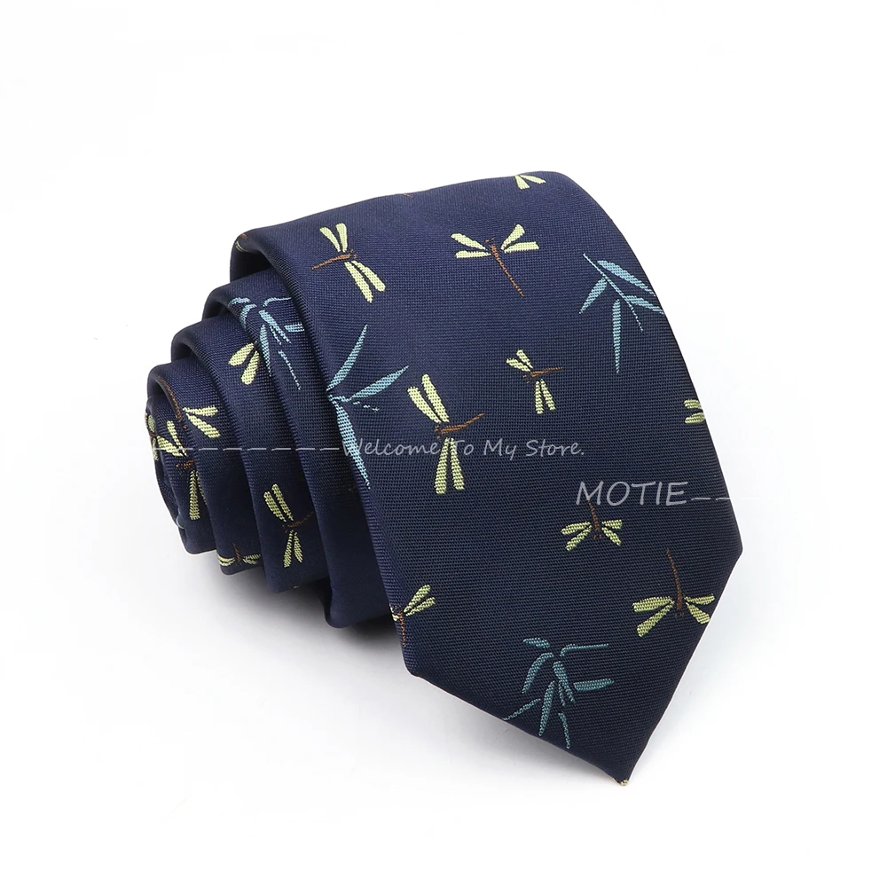 New Design Polyester 7 CM Neckties Blue Dragonfly Swan Pattern Ties For Wedding Party Daily Shirt Suit Cravats Accessories Gifts