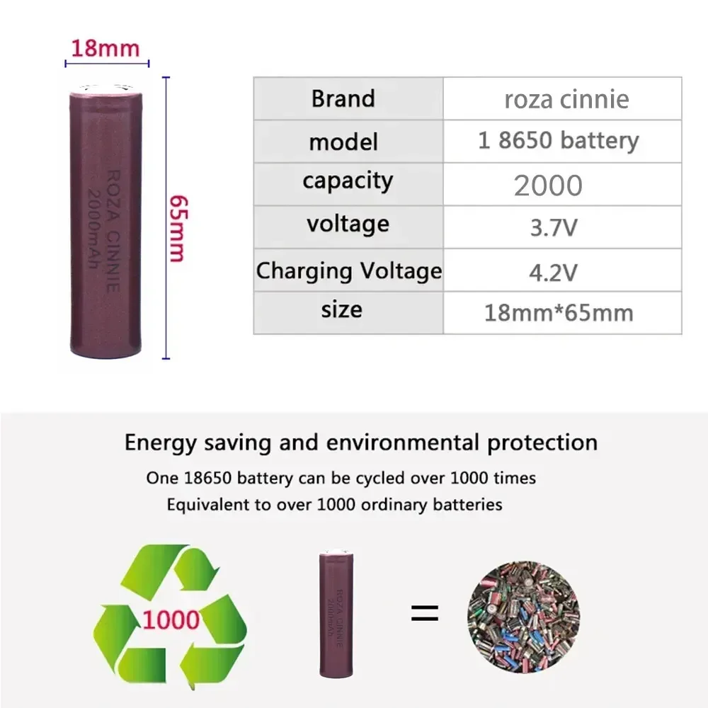 2024-Power 18650 Lithium-ion Rechargeable Battery 2000mAh 3.7V A-grade Lithium Battery for Electric Tools and Other Equipment