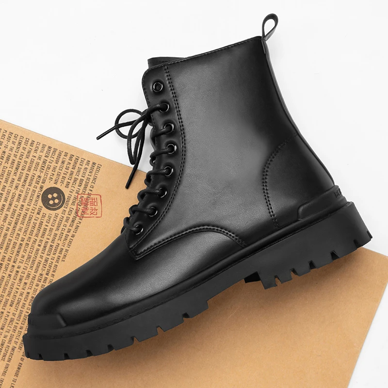 Leather Black Men\'s Biker Boot Fashion YoungWaterproof Trendy Boots Man Autumn Winter High Top ClassicBasic Shoe