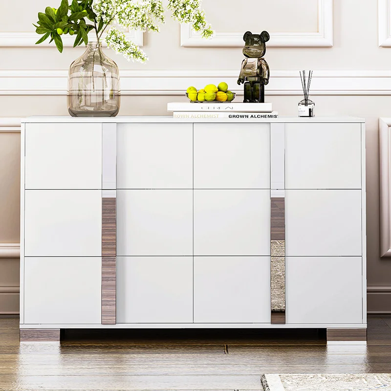 Elegant Modern Dresser with Metal Handle,Mirrored Storage Cabinet with 6 Drawers for Bedroom,Living Room,White