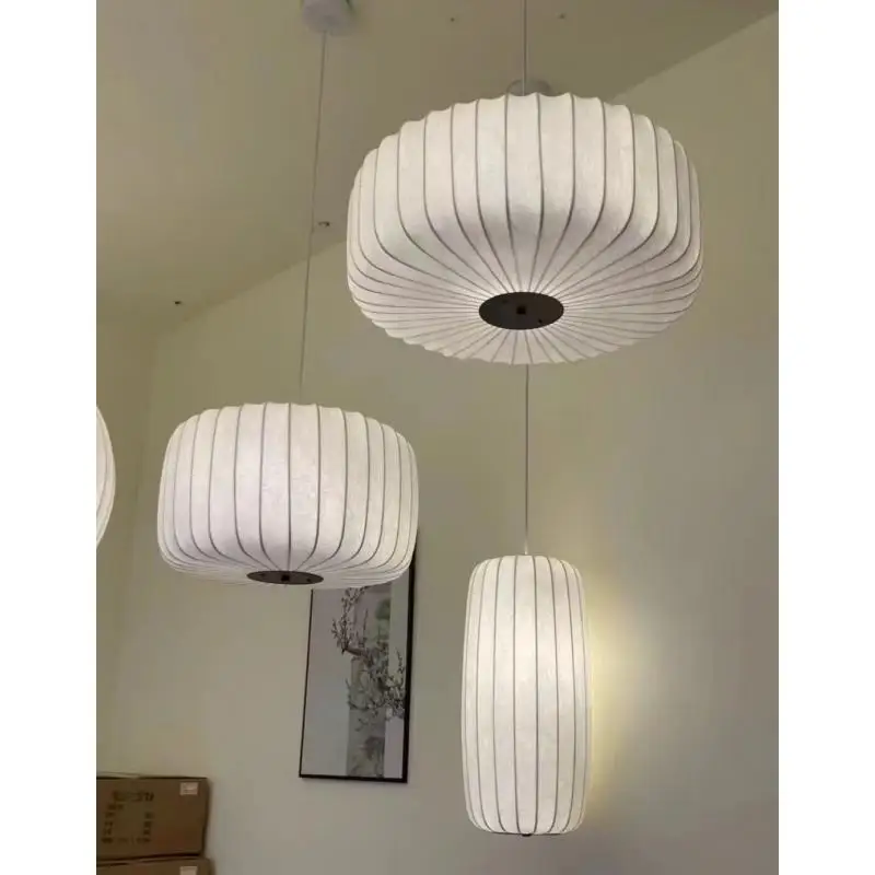 Modern Minimalist Silk Pendant Light Metal Frame LED Lamp Area Wabi-sabi Style Ceiling Lamp For Bedroom Living Room Home Decor