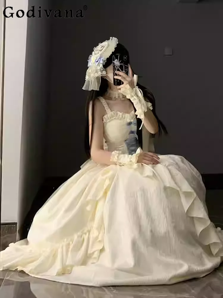 

2XL Lolita Sweet Ruffles Slash Neck Women Spring Summer Suspender Dress High Waist A-line Age Reduction Cake Princess Dresses