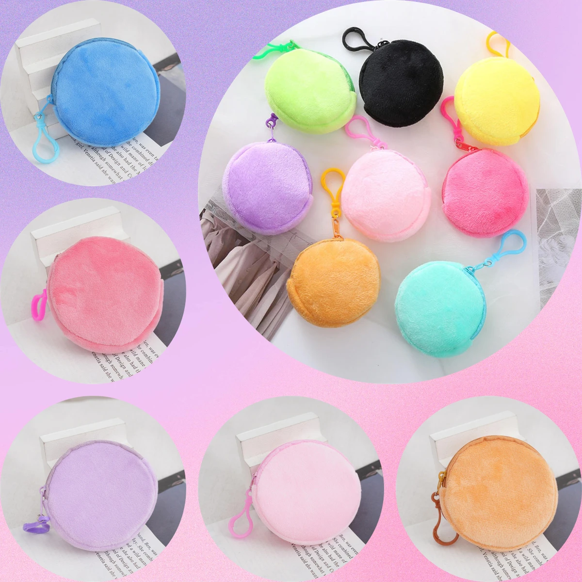 Solid Color Plush Round Coin Purse Women'S Cute Wallet Id Card Bag Keychain Minimalist Coin Bag Kawaii Wallets For Women Gift