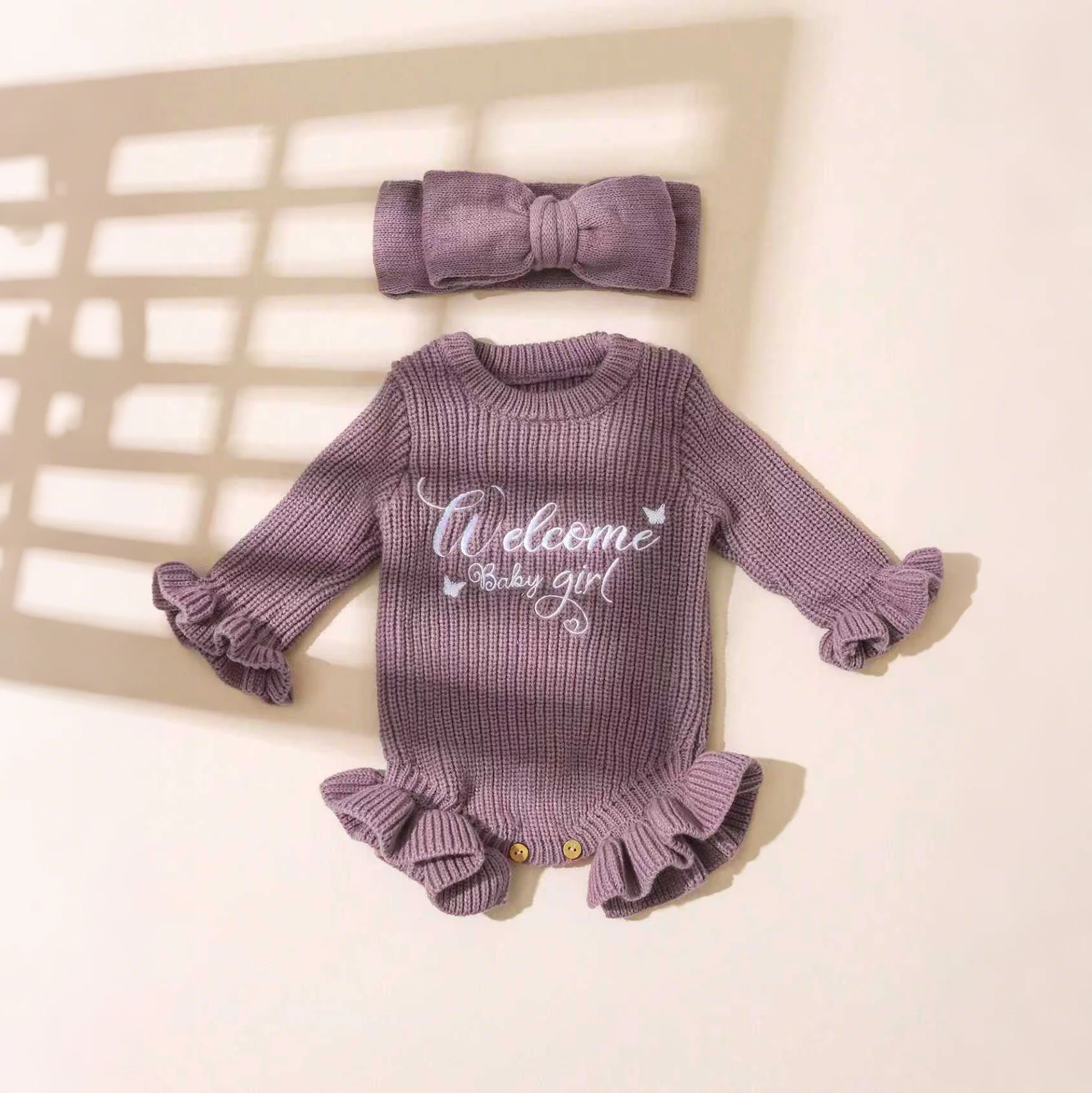 Ylsteed Butterfly Embroidery Knitting Newborn Ruffle Romper with Bow Headband Baby Girl Photography Outfits Knitted Sweater