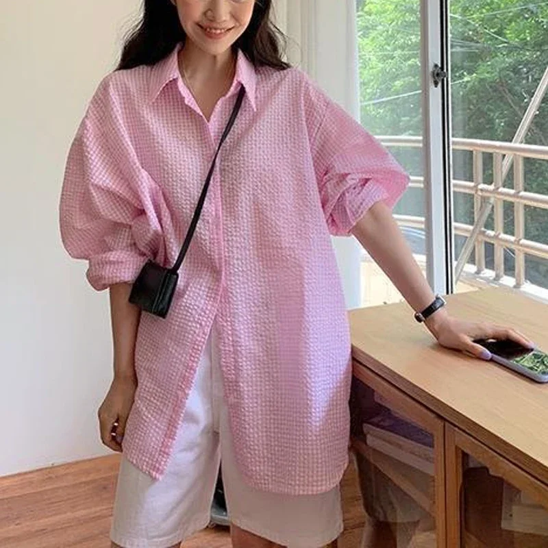 

Korean Loose Lazy Style Youth Blouse Summer Long Sleeve Neck Plaid All-match Fashion Shirt Tops Casual Trend Women Clothing