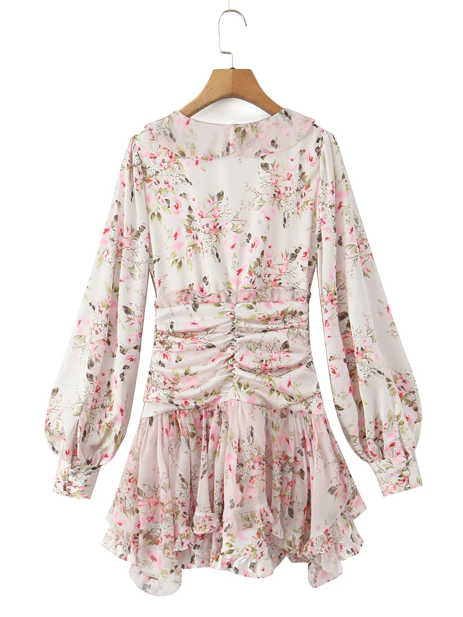 로맨틱 플로럴 레이스 트림 플리츠 웨이스트 V넥 롱 슬리브 섹시 슬리밍 오트 A라인 스커트 프렌치 슬레 캐주얼 여성용...