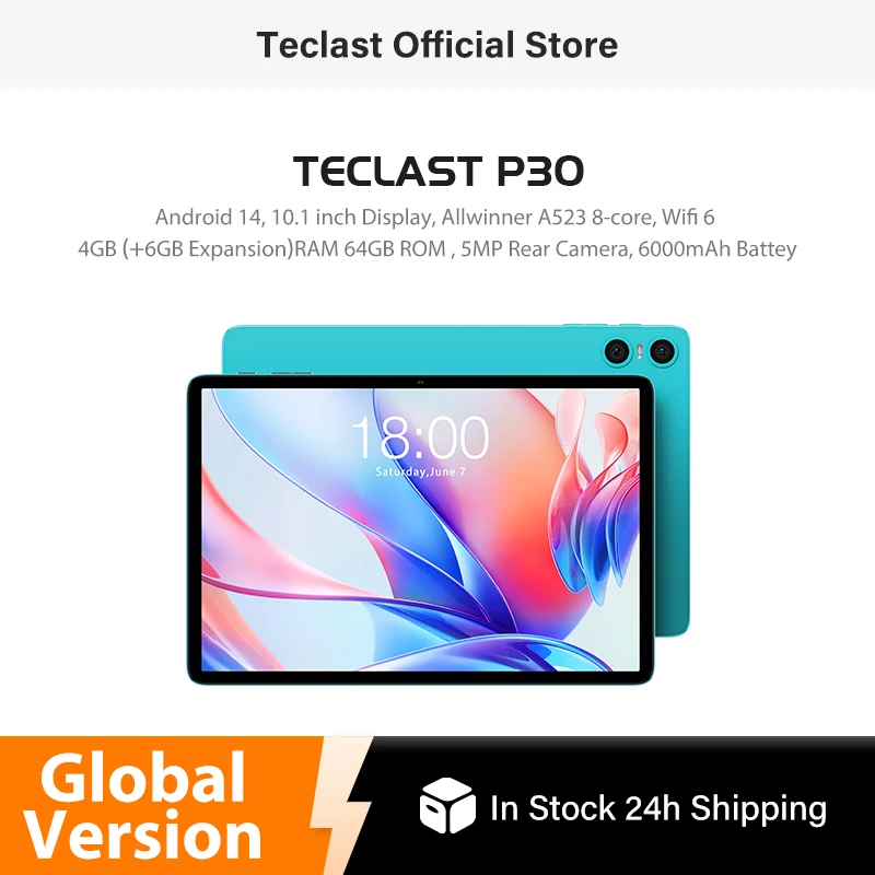 Tableta Teclast P30 pantalla de 10,1 pulgadas 4GB(+6GB de expansión) RAM 64GB ROM A523 Octa core Android 14 tabletas Wifi 6 batería de 6000mAh