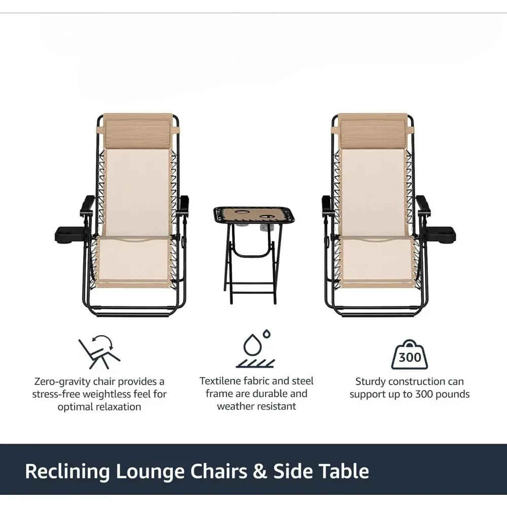طقم كراسي استرخاء مكون من 3 قطع قابل للتعديل بدون جاذبية قابلة للطي مع طاولة جانبية، كرسي شاطئ 35 × 26 × 43