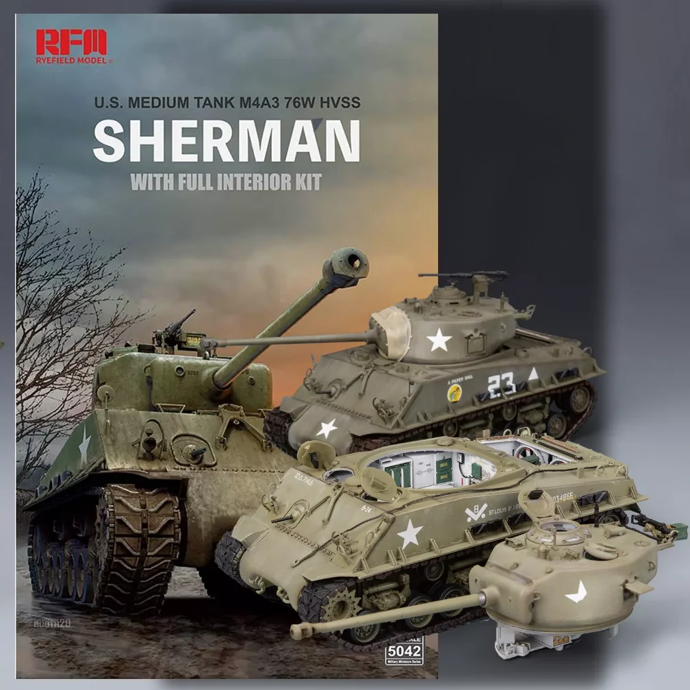 

RyeField 5042 1/35 США M4A3 76 Вт HVSS Sherman Средний танк с подвижным гусеничным механизмом и полной внутренней игрушкой для рукоделия, пластиковая сборка, комплект модели
