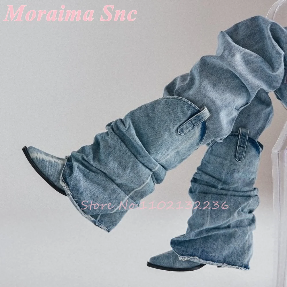 

Edgy Light Blue Washed Denim Western Boots Slouchy Fold-Over Shaft Pointed Toe Block Chunky Heel Cowgirl Style Footwear Spring