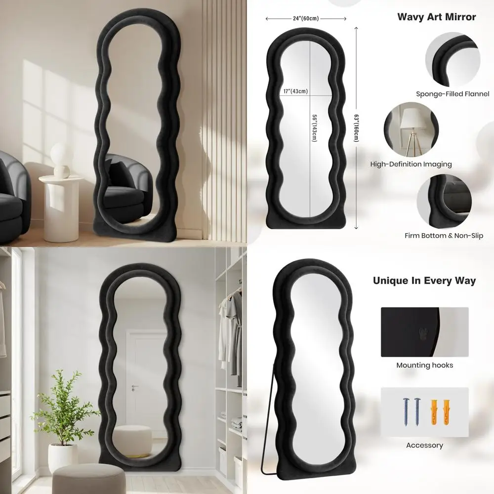 مرآة كاملة الطول 63 × 24 مرآة أرضية مقوسة ومموجة لكامل الجسم مثبتة على الحائط مع حامل إطار من الفلانيل الأسود معلق على الحائط