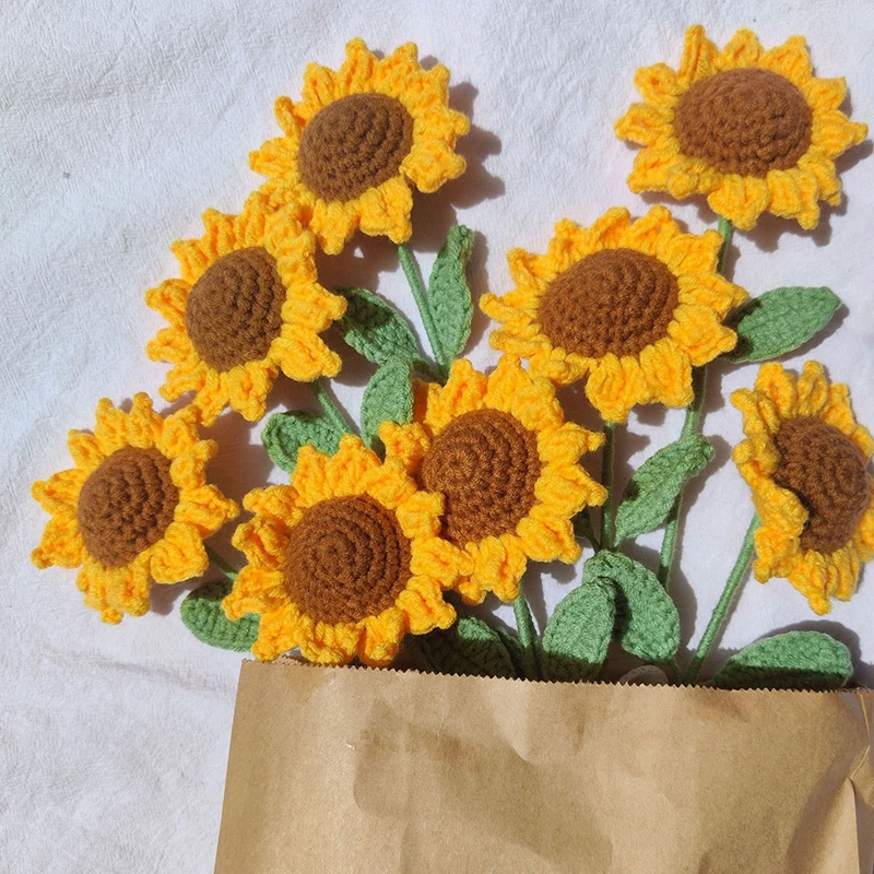 Knitted Artificial Sunflower Fake Flowers Finished  Woven Flower Handmade Simulation Yarn Crochet Home Decor Holiday Gifts