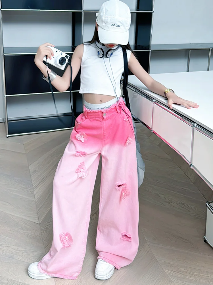 Jeans for Girls Summer New Big Children American Ripped Design Sense Gradient Color Wide Leg Pants Vest