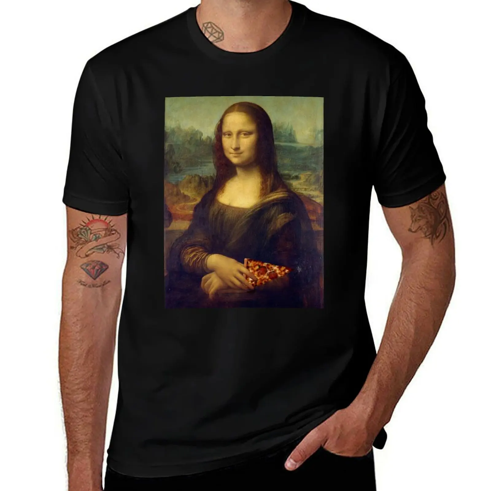 Mona Lisa with a Piece of Pizza T-Shirt Casual Simple Design Short Sleeve Shirt T-Shirt