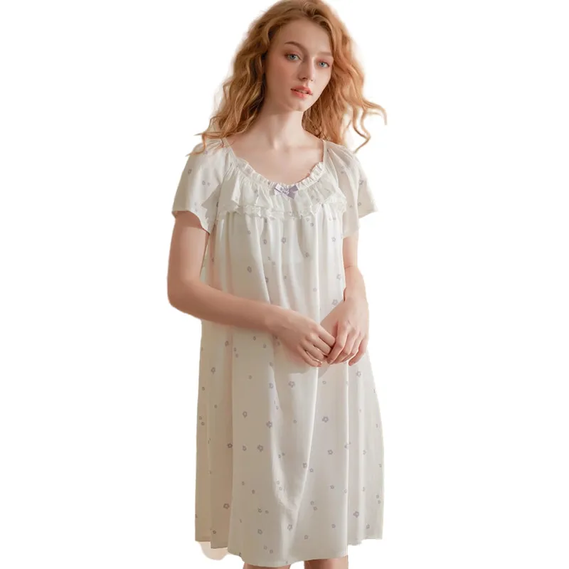 Sweet Princess  100% Viscose Short Sleeve White Color Nightgowns For Women Comfortable Lace Sleepwear Loose Royal  Summer Dress