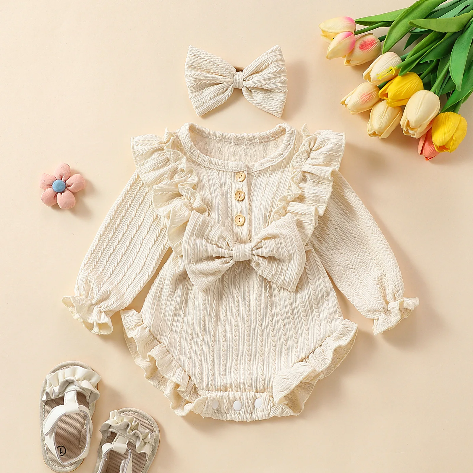 Somenie Cute Baby Girl Long Sleeve Romper Lace Bow Decor Soft Pure Cotton Autumn Infant Crawling Onesie