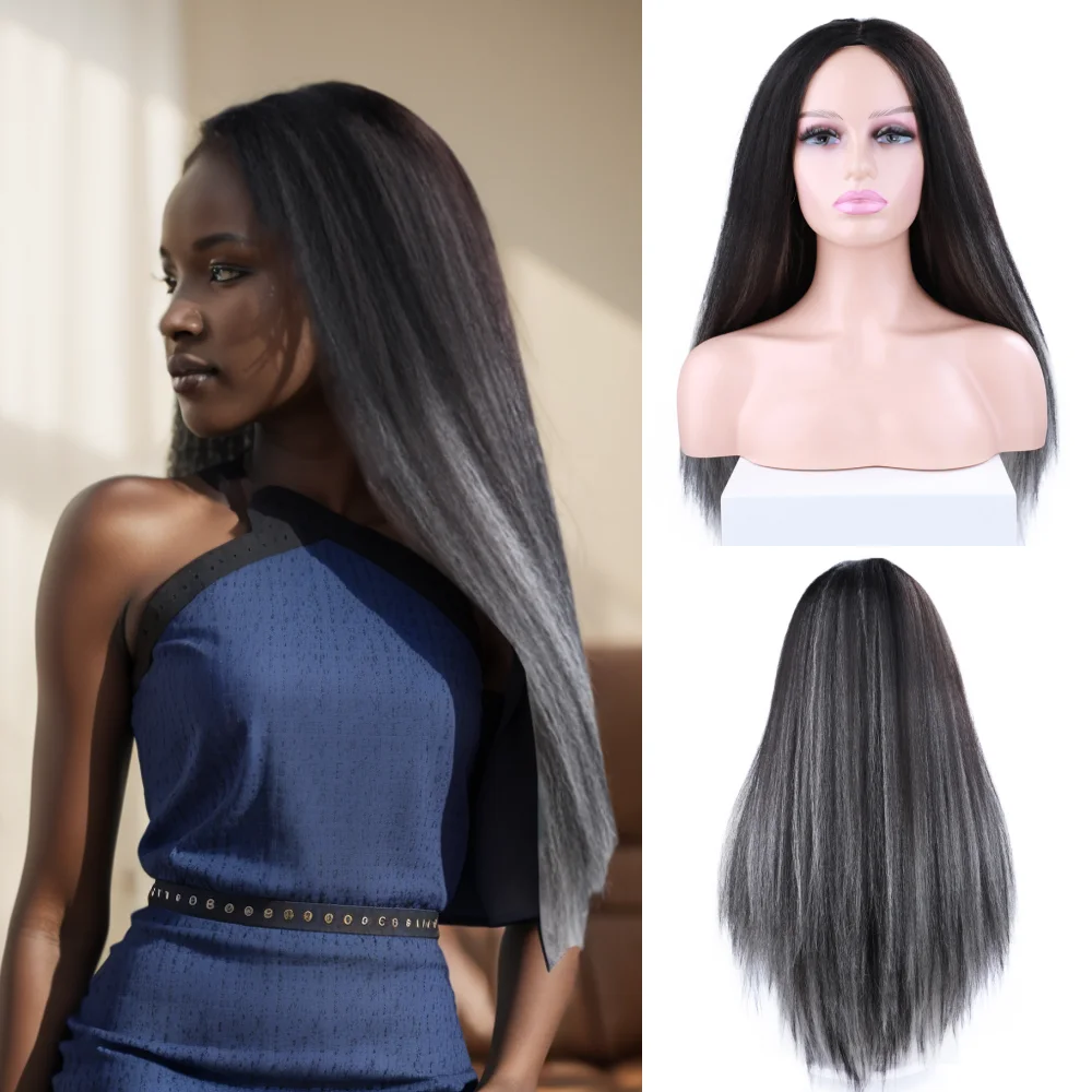 

Long Yaki Straight Synthetic Wigs Piano Color #P2/613 Afro Wigs Kinky Straight Synthetic Hair Wigs Rubber Scalp Middle Part Wigs