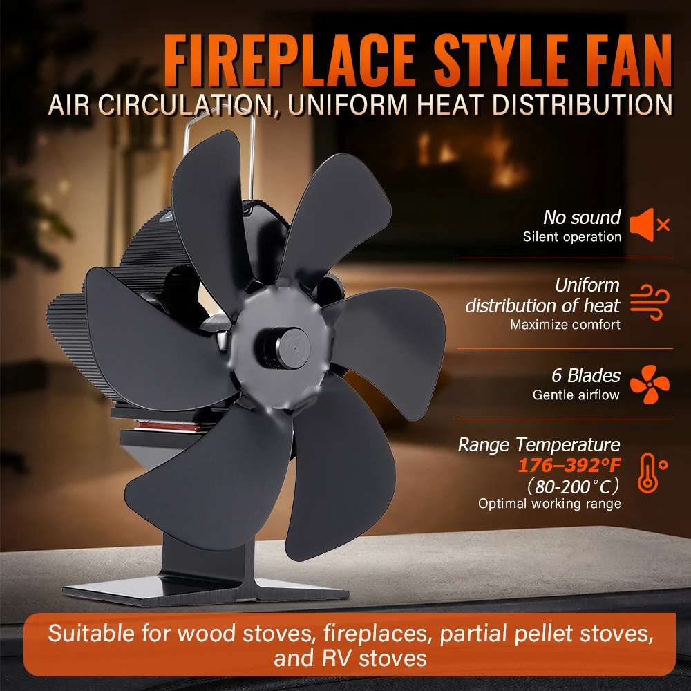 6 Blade Heat Powered Stove Fan  Fireplace Fan Log/Wood/Pellet Burner Ecofan Efficient Heat Distribution Quiet Home Fireplace Fan