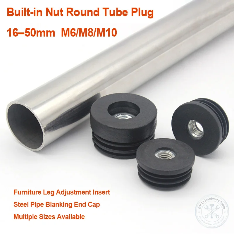 PP Black Round Tube Inner Plug 16-50mm With M6 M8 M10 Nut Hole Steel Pipe End Cap Insert For Table Chair Furniture Leg Feet