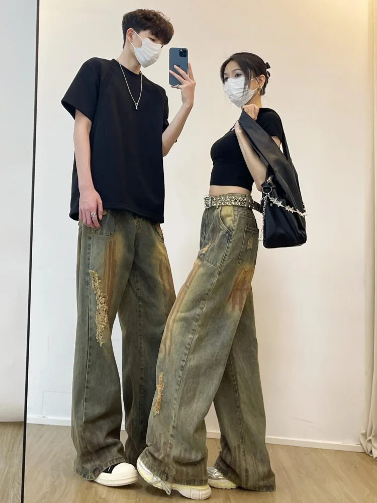 Jean bleu taille haute pour femme, pantalon droit Vintage Y2K, en Denim, déchiré, Streetwear américain, jambes larges, Baggy, été