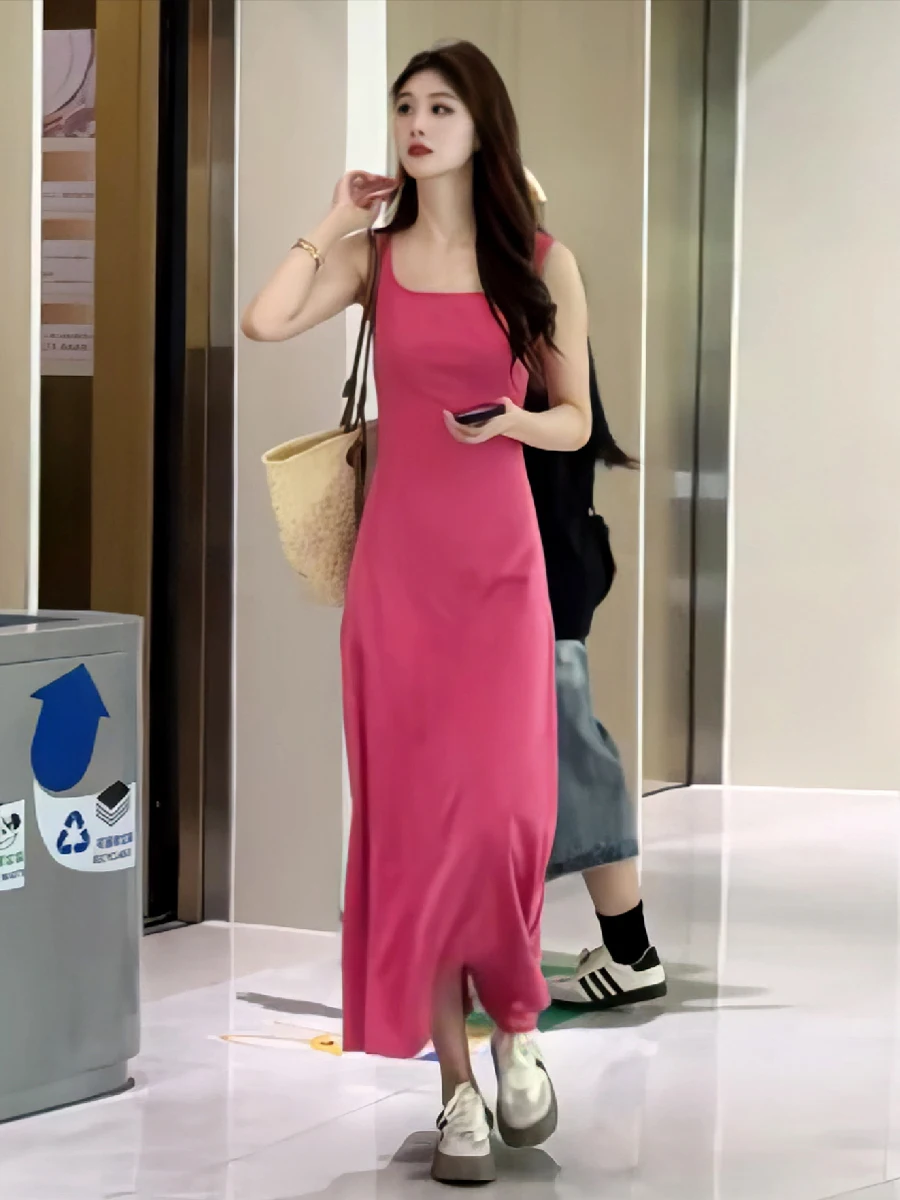 Dopne Chic Farbe Quadrat Kragen Svel Weste Dr Frauen Sommer Neue Sle Abnehmen Lange Dr Casual Hohe Taille