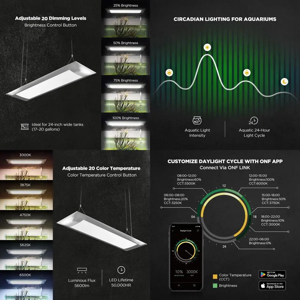 

24 Inch 24/7 Aquarium LED Light, Full Spectrum, Dimmable, Color Temperature Control, App-Enabled, Pendant Style