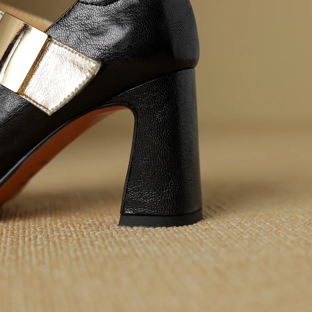 【JOCHEBED HU】New Fashion Women\'s Genuine Leather Pumps High Heels Pointed Toe T-strap Dress Party Female Shoes Size 33-40