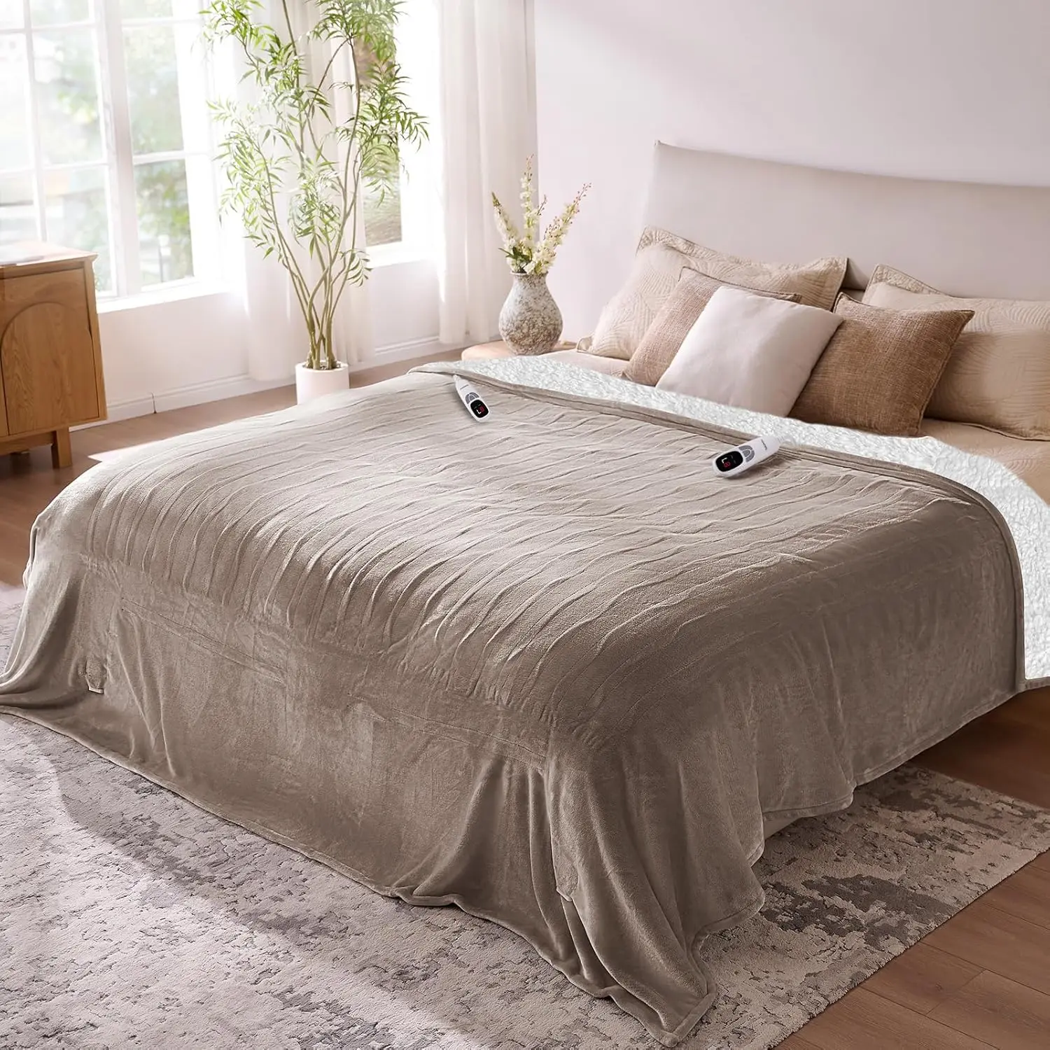 

Soft Heating Electric Blanket with Dual Control, 9 Heat Levels, Timer, Machine Washable, Camel Color