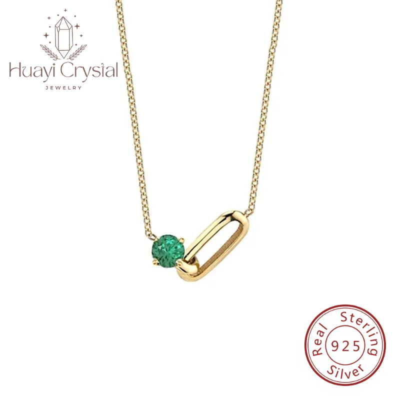 

S925 Sterling Silver Gold-plated Paper Clip green zircon Casual Unique Sense Of Design Collarbone Necklace