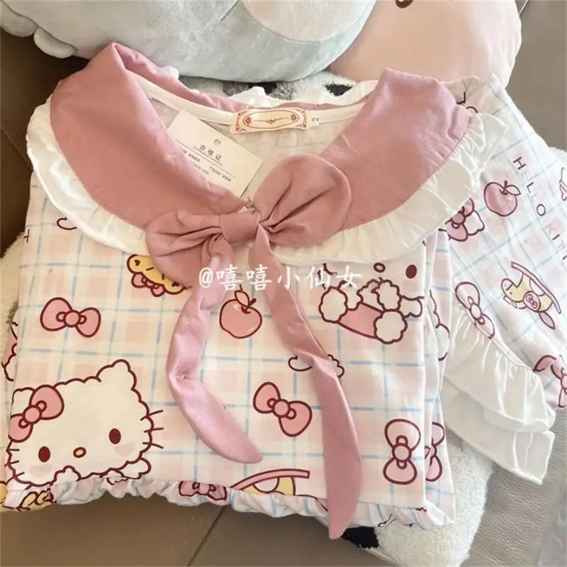 Conjunto de ropa para el hogar para estudiantes, pijamas KT con lazo dulce y bonito para primavera y otoño, ropa de abrigo Sanrio para niñas, sudaderas de Hello Kitty para mujeres