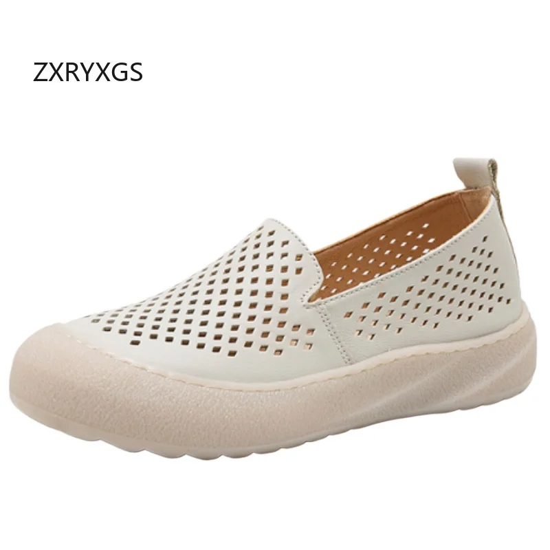 ZXRYXGS Promotion Genuine Leather Hole Hole Shoes Flat Sandals 2026 New Spring Summer Comfort Breathable Sneakers Women Flats