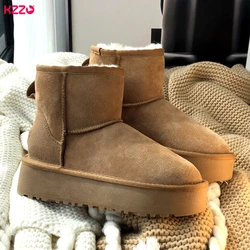 KZZO Women's Snow Boots Platform Fur Winter Genuine Sheepskin Leather Australia Ankle Natural Wool Lined Warm Shoes Waterproof