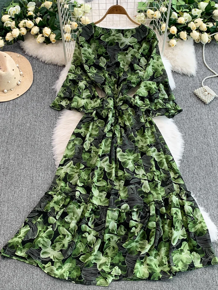 Boho vintage donna estate chic scollo a V stampa floreale abito lungo elastico in vita INS festa elegante abito da vacanza al mare con maniche svasate