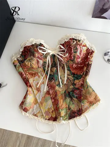 SINGREINY France Vintage Strapless Lingerie Tops Sleeveless Lace Up Backless Mini Camisole 2025 Ladies Slim Sexy Print Corset