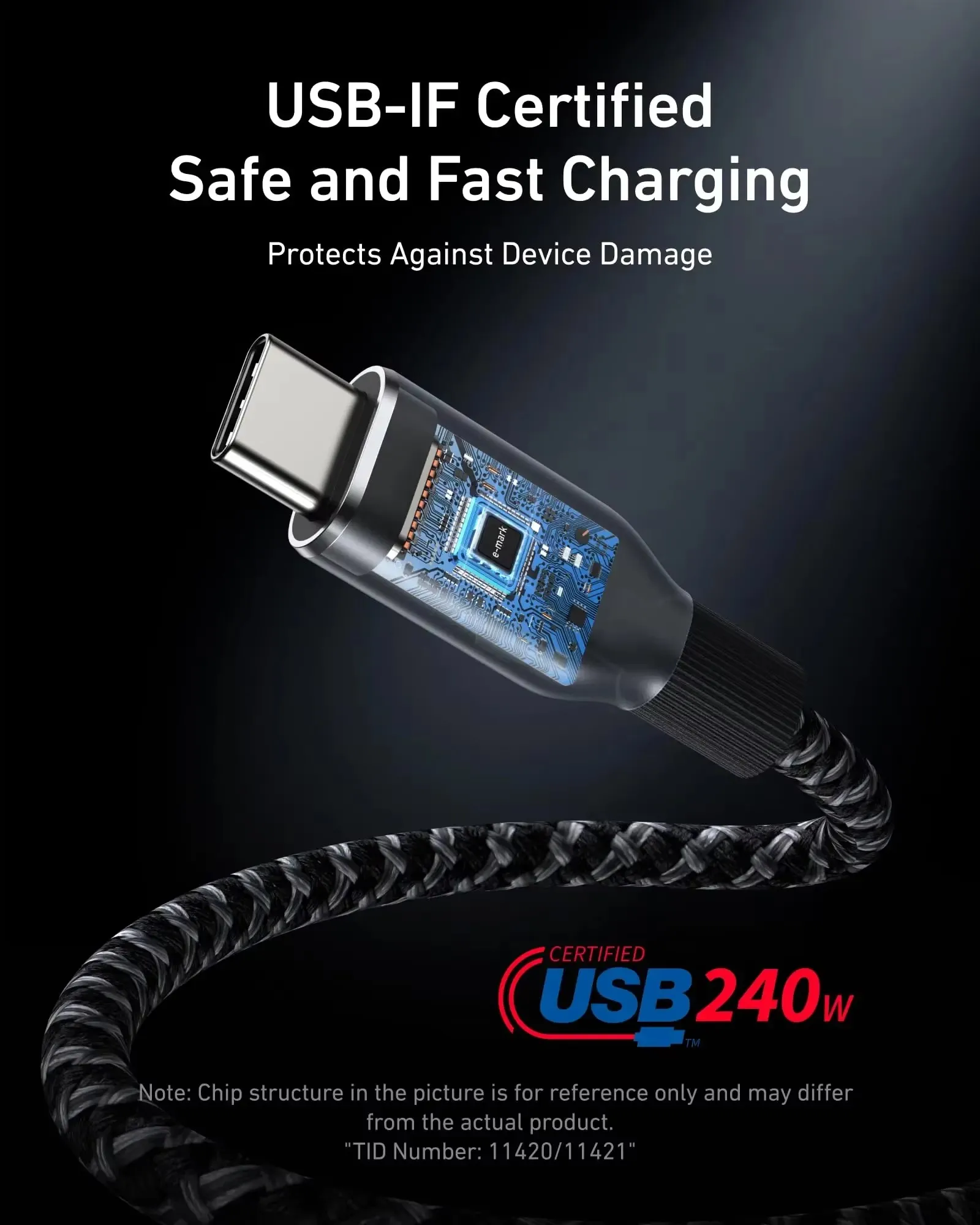 Kabel Anker Prime 240W, 90 cm, USB-C – USB-C, szybkie ładowanie, wykonany z recyklingowanych materiałów, opleciony nylonem, zapewniający trwałość nawet po 100 latach uginania, obsługuje szybkie ładowanie PD. — zdjęcie produktu 2