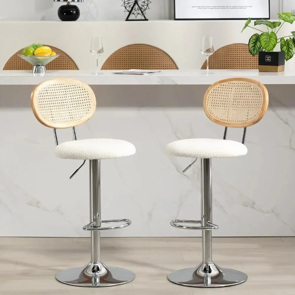 

Modern Rattan Bar Stools Set of 2, Swivel Seat, Footrest, and Cane Backrest, Height Adjustable Bar Chairs for Kitchen Counter