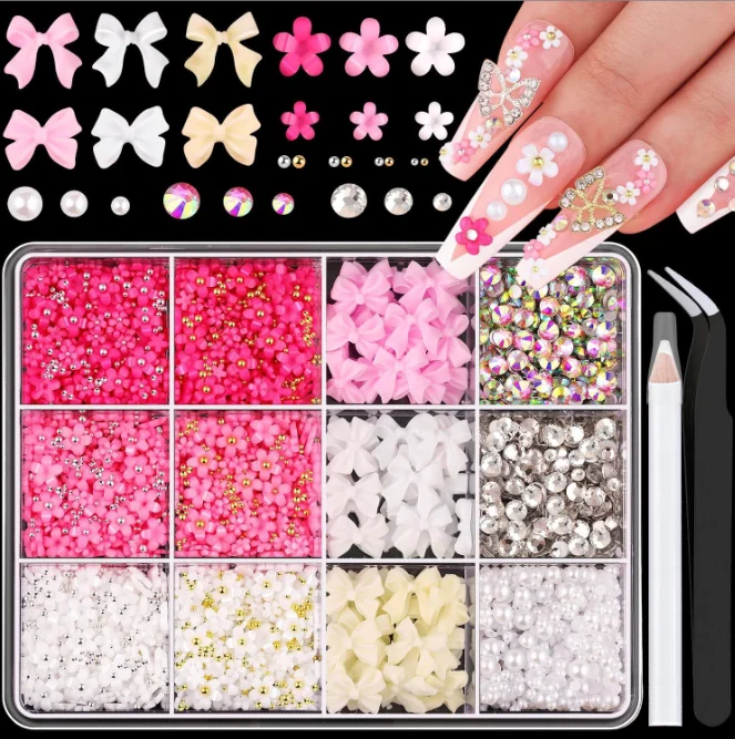 1 Box of Multi Style Ribbon Bow Resin Nail Decoration Mixed Alloy Bow Pearl Love Nail Decoration Nail Kit (including Pen and Twe