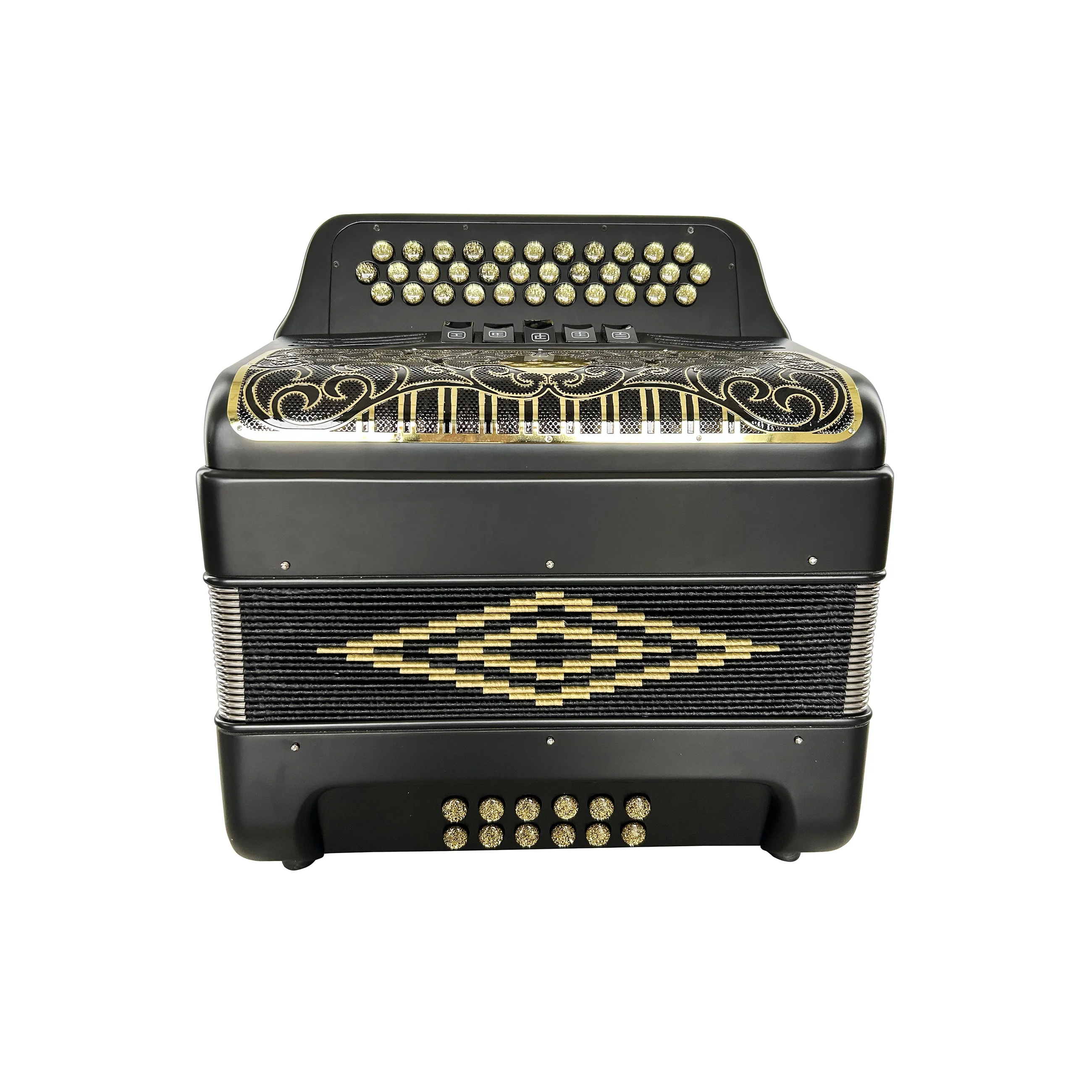 Diatonic Accordion Instrument 34-Button 12-Bass 5-Register Matt Black With Gold Buttons And Grill JB3412D Model